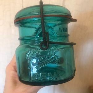 Vtg Ball Ideal Blue Green Glass Half Pint Wire Jar